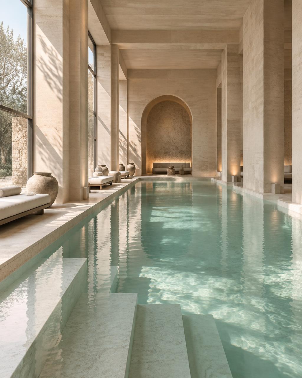 A serene mineral bathing hall with pale stone architecture