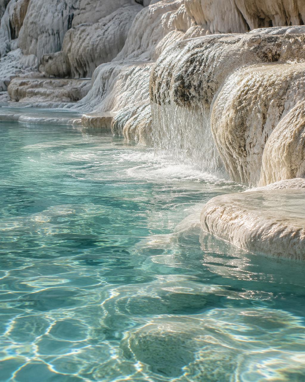 Clear mineral water flowing over sculptural pale stone