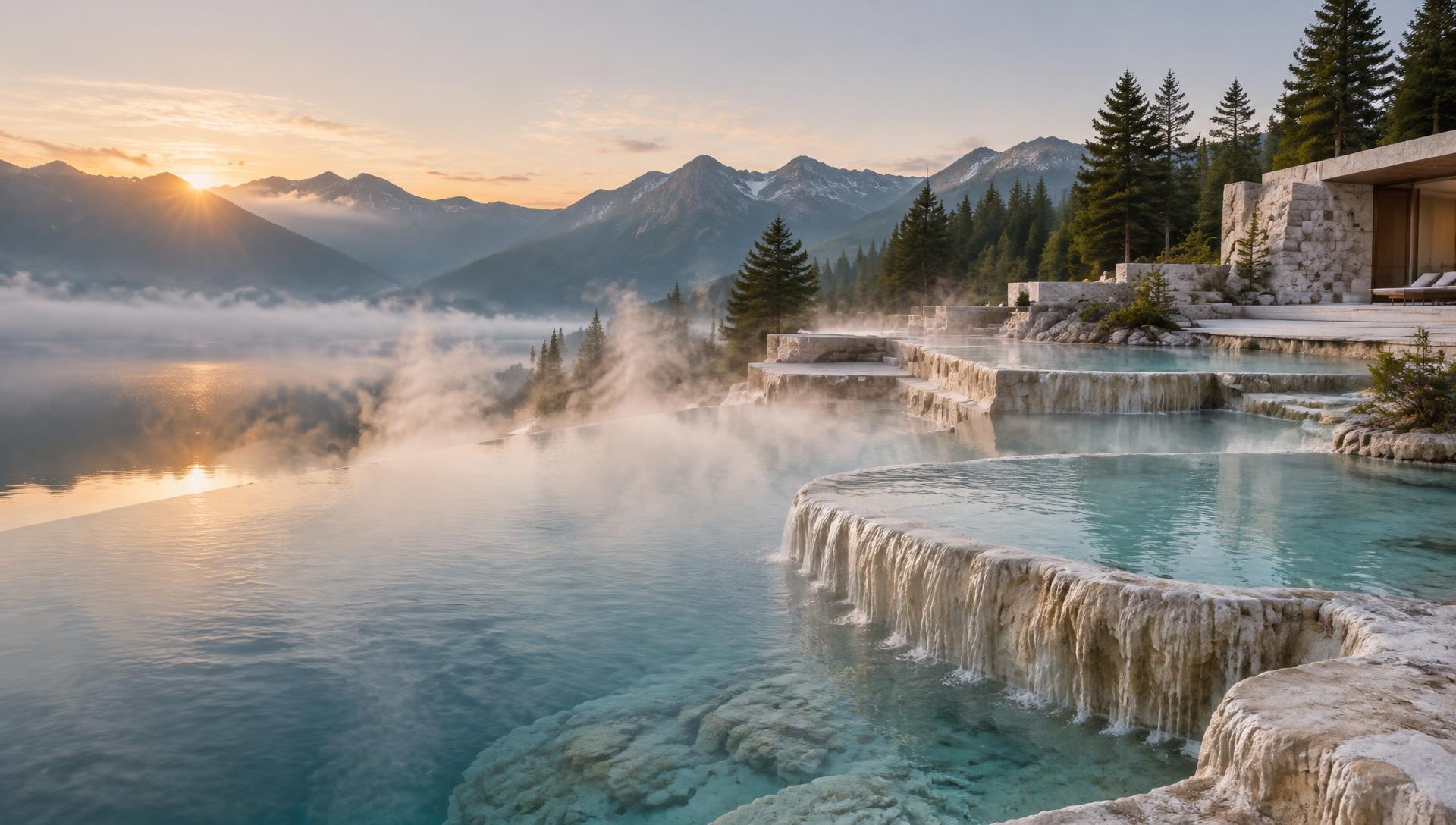 Terraced mineral pools overlooking a mountain landscape at sunrise