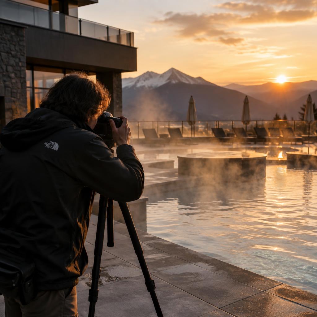 A photographer shooting the steamy mineral pools of a resort terrace at dusk