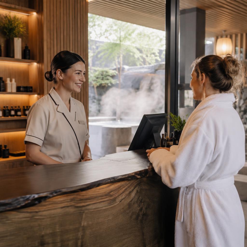A staff member warmly welcoming a robed guest at the reception of a boutique spa
