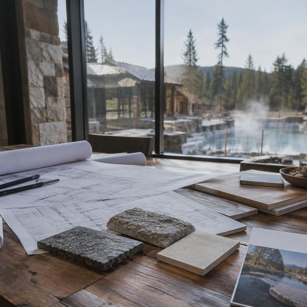 Resort blueprints and material samples on a table overlooking a hot spring property taking shape