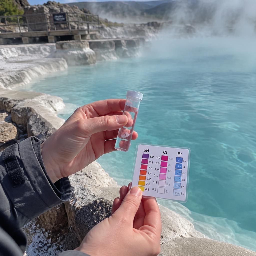 Hands testing water chemistry at the edge of a steaming geothermal pool