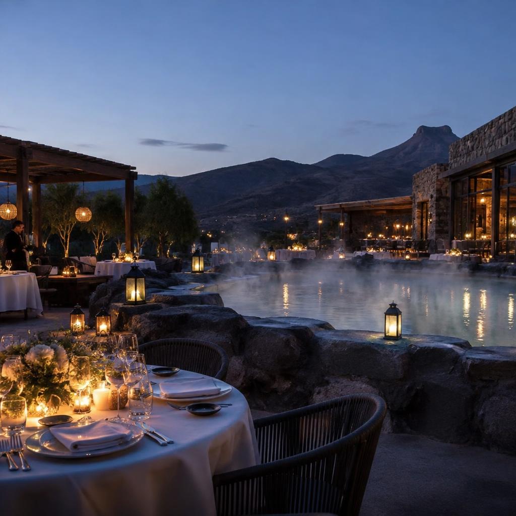 An elegant candlelit dinner event beside a glowing mineral pool at dusk
